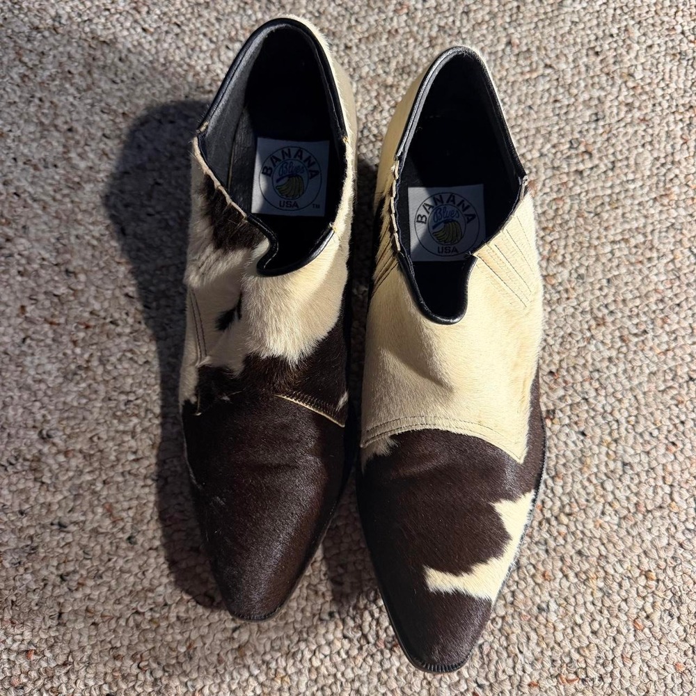 Banana Blues USA Cowhide Hair-On Leather Western Ankle Boots Size 8 Brown Cream - Picture 3 of 5